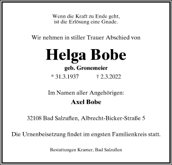 Anzeige  Helga Bobe  Lippische Landes-Zeitung