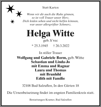 Anzeige  Helga Witte  Lippische Landes-Zeitung