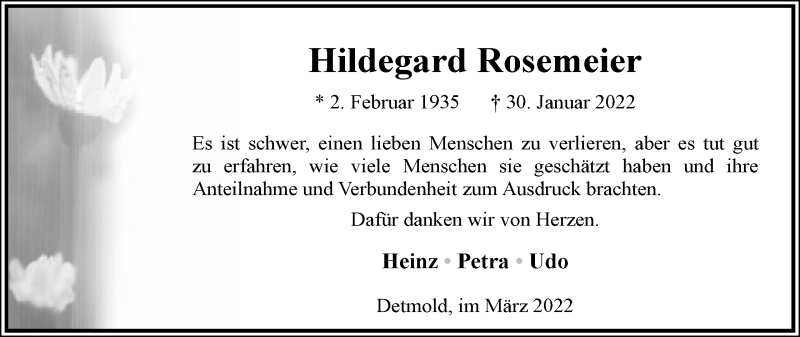  Traueranzeige für Hildegard Rosemeier vom 12.03.2022 aus Lippische Landes-Zeitung