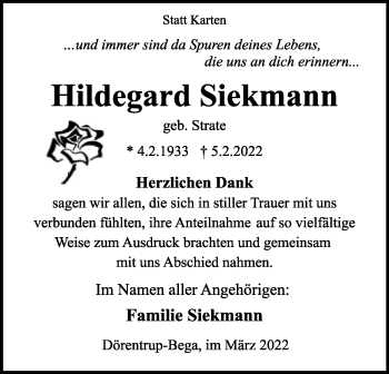 Anzeige  Hildegard Siekmann  Lippische Landes-Zeitung