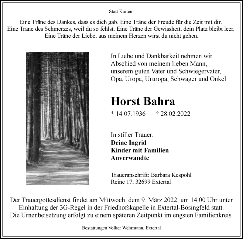  Traueranzeige für Horst Bahra vom 05.03.2022 aus Lippische Landes-Zeitung
