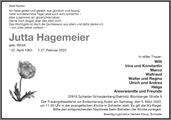 Anzeige  Jutta Hagemeier  Lippische Landes-Zeitung