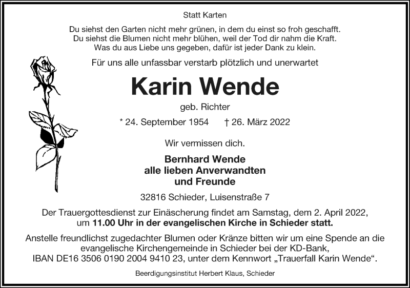  Traueranzeige für Karin Wende vom 30.03.2022 aus Lippische Landes-Zeitung