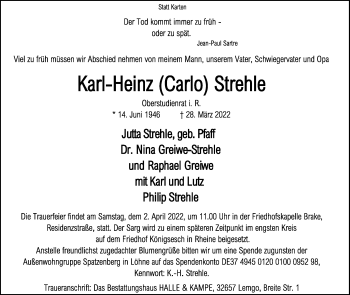 Anzeige  Karl-Heinz Strehle  Lippische Landes-Zeitung