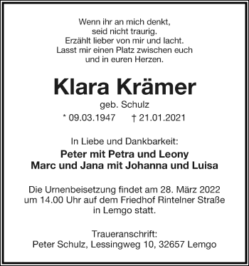 Anzeige  Klara Krämer  Lippische Landes-Zeitung