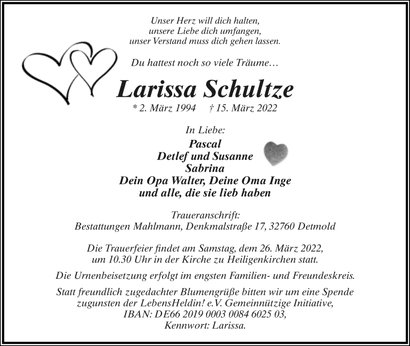  Traueranzeige für Larissa Schultze vom 19.03.2022 aus Lippische Landes-Zeitung