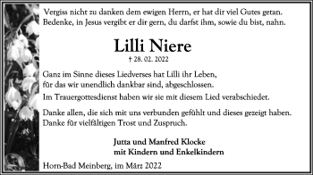Anzeige  Lilli Niere  Lippische Landes-Zeitung
