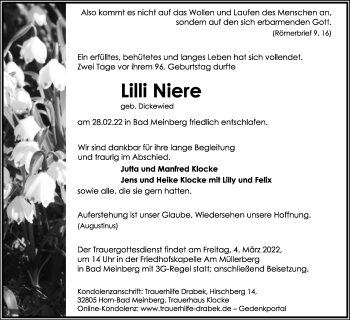 Anzeige  Lilli Niere  Lippische Landes-Zeitung