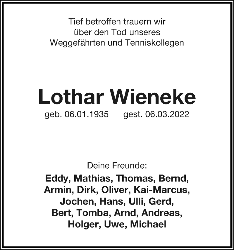  Traueranzeige für Lothar Wieneke vom 19.03.2022 aus Lippische Landes-Zeitung