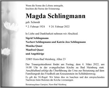 Anzeige  Magda Schlingmann  Lippische Landes-Zeitung