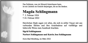 Anzeige  Magda Schlingmann  Lippische Landes-Zeitung