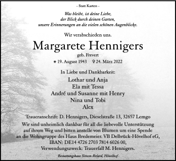 Anzeige  Margarete Hennigers  Lippische Landes-Zeitung