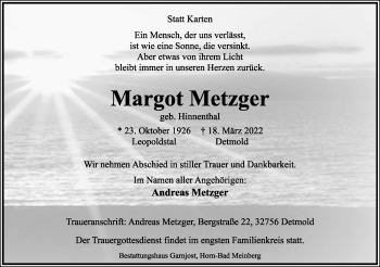 Anzeige  Margot Metzger  Lippische Landes-Zeitung