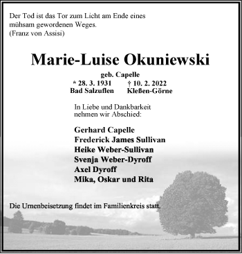 Anzeige  Marie-Luise Okuniewski  Lippische Landes-Zeitung