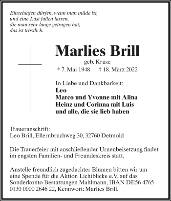 Anzeige  Marlies Brill  Lippische Landes-Zeitung