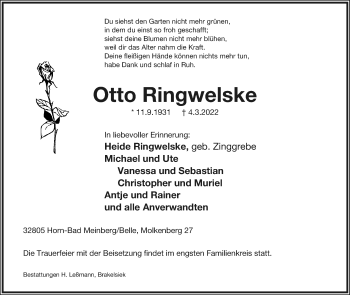 Anzeige  Otto Ringwelske  Lippische Landes-Zeitung