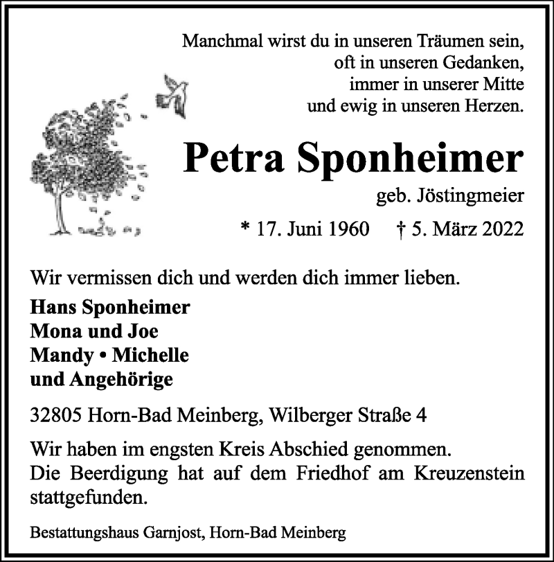  Traueranzeige für Petra Sponheimer vom 12.03.2022 aus Lippische Landes-Zeitung