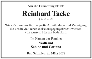 Anzeige  Reinhard Tacke  Lippische Landes-Zeitung