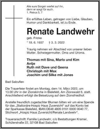 Anzeige  Renate Landwehr  Lippische Landes-Zeitung