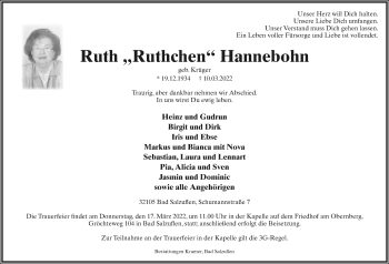 Anzeige  Ruth  Hannebohn  Lippische Landes-Zeitung