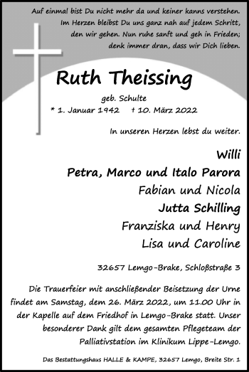 Anzeige  Ruth Theissing  Lippische Landes-Zeitung
