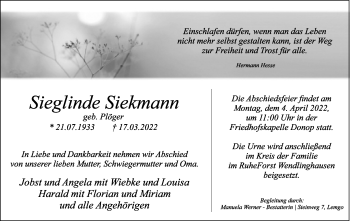 Anzeige  Sieglinde Siekmann  Lippische Landes-Zeitung