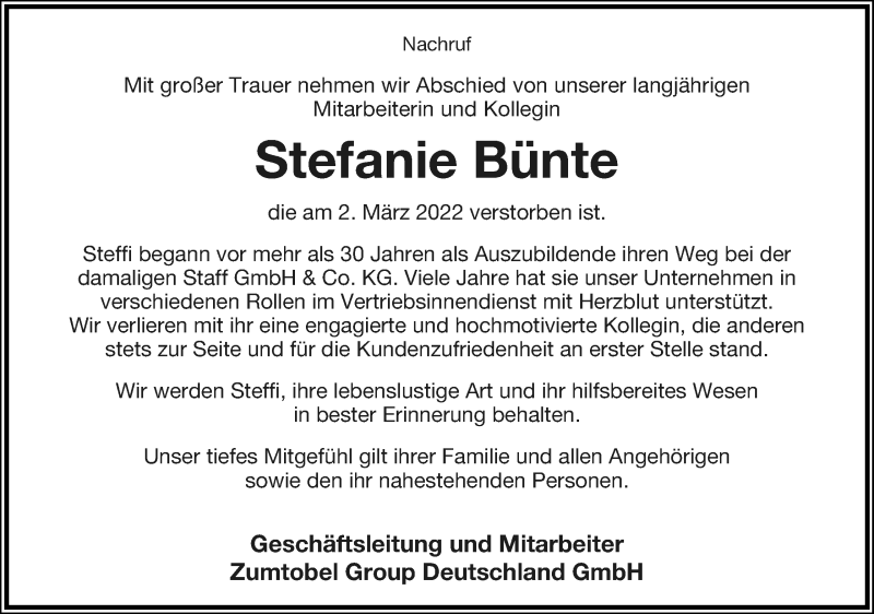  Traueranzeige für Stefanie Bünte vom 12.03.2022 aus Lippische Landes-Zeitung