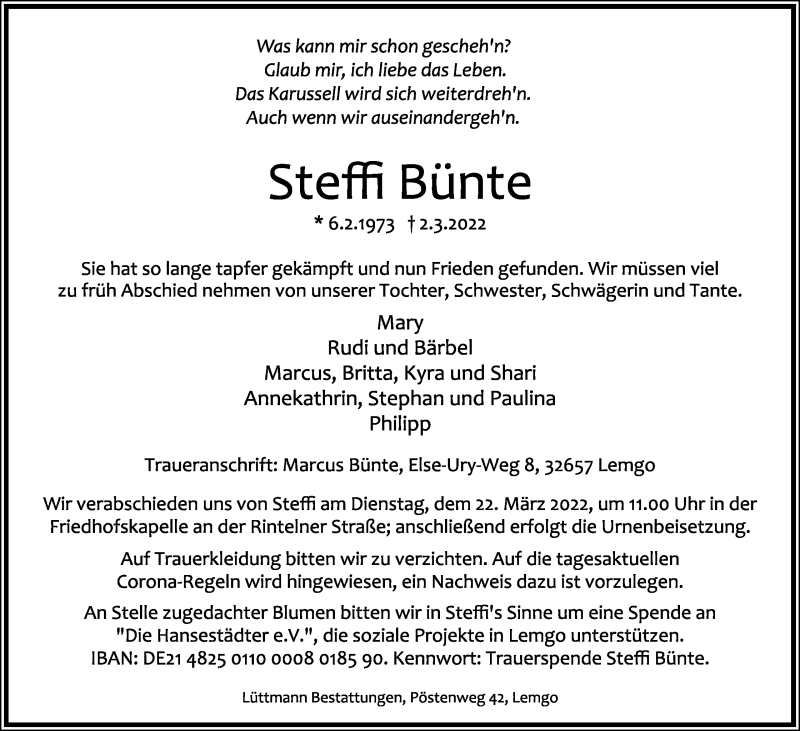  Traueranzeige für Stefanie Bünte vom 05.03.2022 aus Lippische Landes-Zeitung