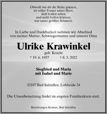 Anzeige  Ulrike Krawinkel  Lippische Landes-Zeitung