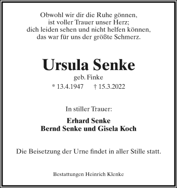 Anzeige  Ursula Senke  Lippische Landes-Zeitung