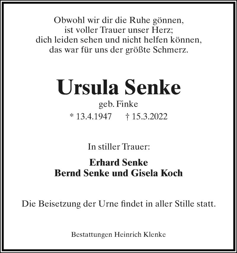  Traueranzeige für Ursula Senke vom 19.03.2022 aus Lippische Landes-Zeitung