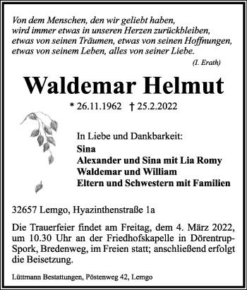 Anzeige  Waldemar Helmut  Lippische Landes-Zeitung
