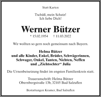 Anzeige  Werner Bützer  Lippische Landes-Zeitung
