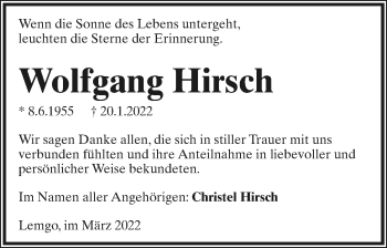 Anzeige  Wolfgang Hirsch  Lippische Landes-Zeitung