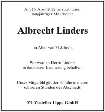 Anzeige  Albrecht Linders  Lippische Landes-Zeitung