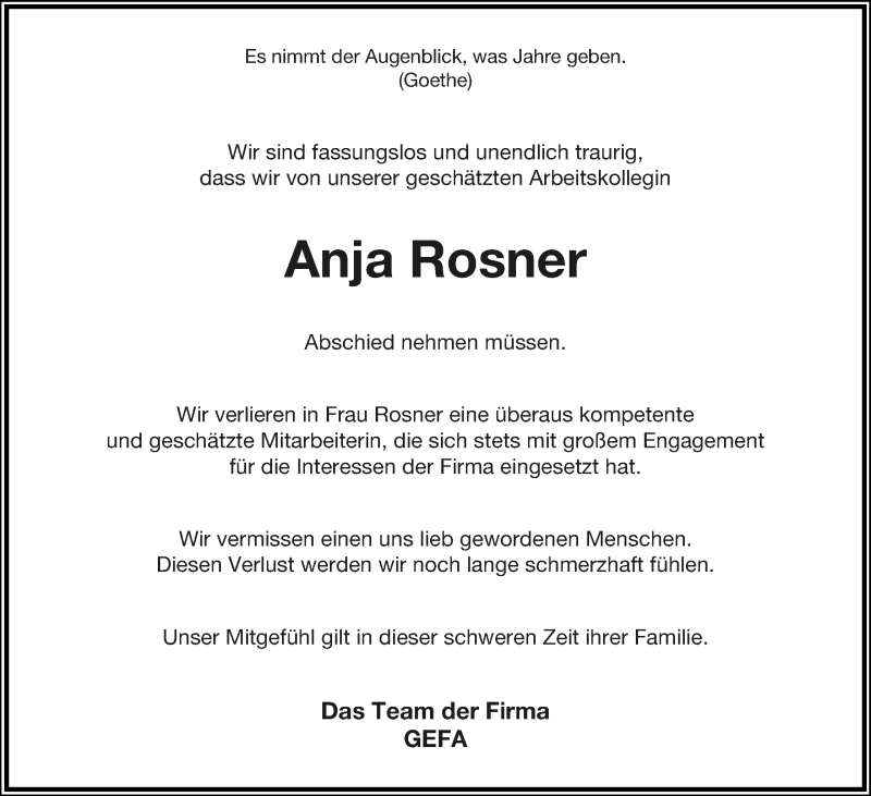  Traueranzeige für Anja Rosner vom 15.04.2022 aus Lippische Landes-Zeitung
