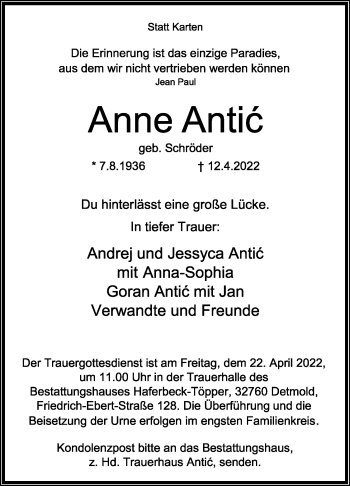 Anzeige  Anne Antic  Lippische Landes-Zeitung
