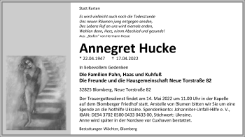 Anzeige  Annegret Hucke  Lippische Landes-Zeitung