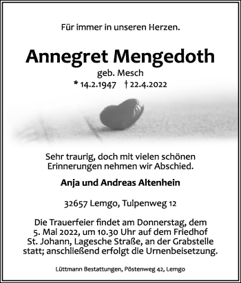 Anzeige  Annegret Mengedoth  Lippische Landes-Zeitung
