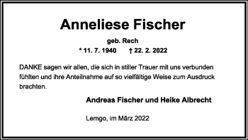 Anzeige  Anneliese Fischer  Lippische Landes-Zeitung