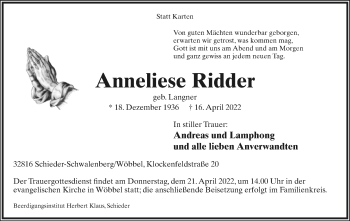 Anzeige  Anneliese Ridder  Lippische Landes-Zeitung