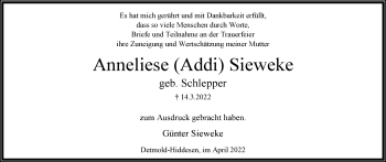 Anzeige  Anneliese Sieweke  Lippische Landes-Zeitung