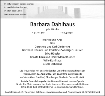 Anzeige  Barbara Dahlhaus  Lippische Landes-Zeitung