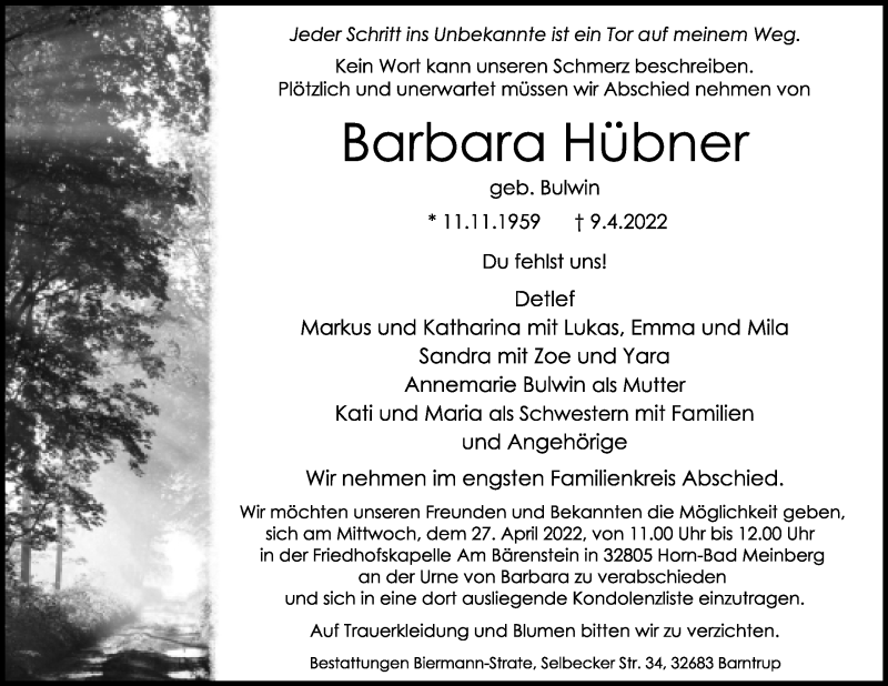  Traueranzeige für Barbara Hübner vom 15.04.2022 aus Lippische Landes-Zeitung