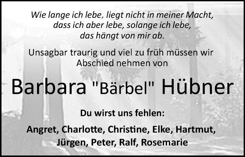  Traueranzeige für Barbara Hübner vom 23.04.2022 aus Lippische Landes-Zeitung
