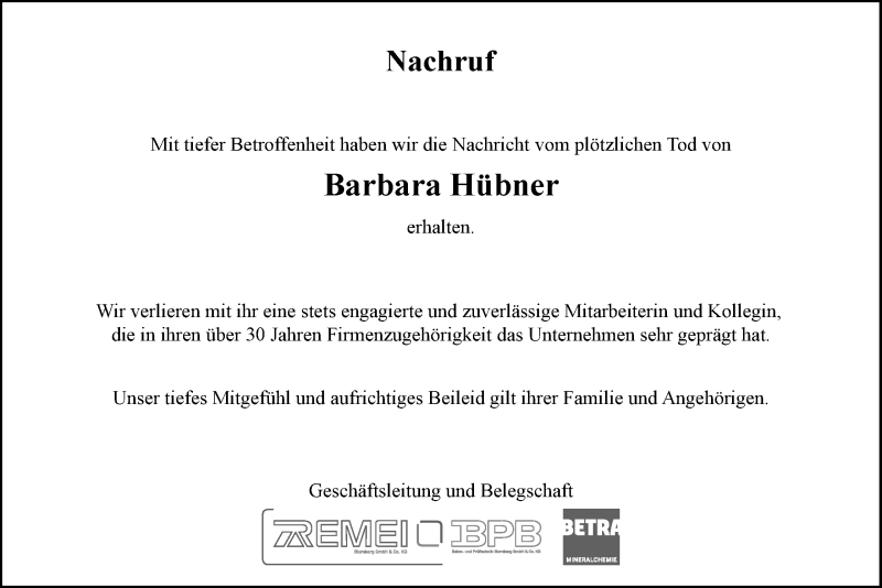  Traueranzeige für Barbara Hübner vom 23.04.2022 aus Lippische Landes-Zeitung
