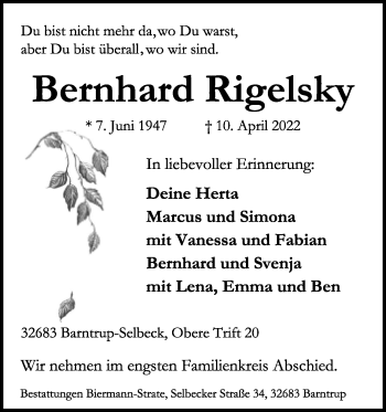 Anzeige  Bernhard Rigelsky  Lippische Landes-Zeitung