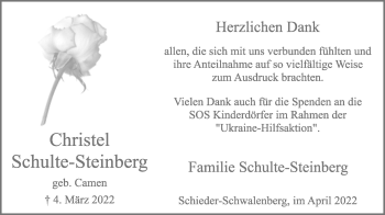 Anzeige  Christel Schulte-Steinberg  Lippische Landes-Zeitung