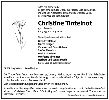 Anzeige  Christine Tintelnot  Lippische Landes-Zeitung