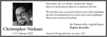 Anzeige  Christopher Niehaus  Lippische Landes-Zeitung